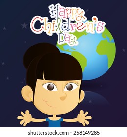 an isolated girl on a colored background with text and our planet