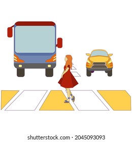 Einzigartiges Mädchen auf Kreuzung mit öffentlichen Verkehrsmitteln und Taxi im Cartoon-Stil, Frau, die die Straße mit Bus und Auto auf weißem, isoliertem Hintergrund überquert, für Drucke, Karten, Broschüren, Symbole für Netze, Apps.