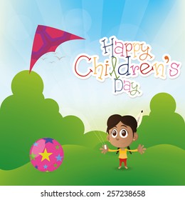 an isolated girl on a landscape with toys and text
