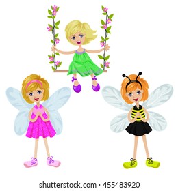 Isolated girl on a swing and two girls with fairy wings on white, vector illustration