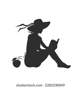 Einziges Mädchen las ein Buch am Strand. Schwarze Silhouette einer jungen Frau. Porträt einer sitzenden Frau in einem Hut mit einem Cocktail. Entspannen Sie die Szene. Vektorgrafik