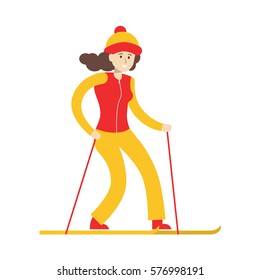 Isolated girl skiing. Woman in winter outit. Winter sport activity.