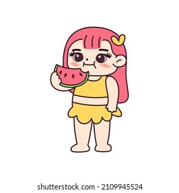 Isolated girl watermelon children beach vector illustration