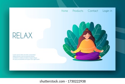 Isolated girl in yoga pose in the leaves in Cartoon style. Landing page template. Woman meditating in nature. Concept yoga, relax and recreation . Healthy lifestyle. Vector stock flat illustration.