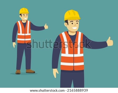 Isolated glad construction worker shows thumb up. Using personal protective equipment. Flat vector illustration template.