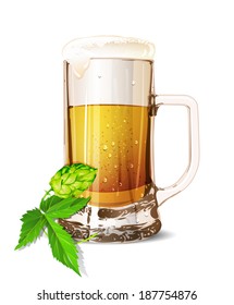 Isolated glass of beer with drops. Realistic mug. Vector illustration.