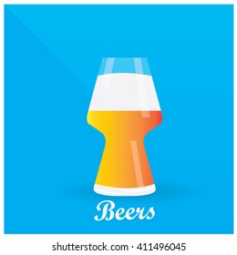Isolated glass with beer and foam on a blue background with text