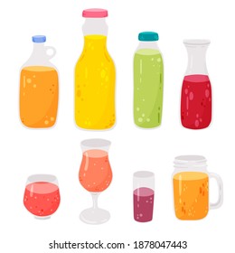 Isolated glass bottles collection . Set of various liquid plastic containers. Fruit juices cartoon clipart.