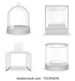 Isolated Glass Box Realistic Shop Icons Set Mockup Background Design Vector Illustration