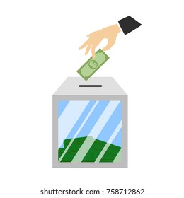 Isolated glass donation box. Hand puts green money inside.