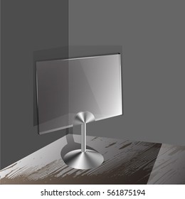 Isolated glass frame on gray background. An information plate on a metal stand.