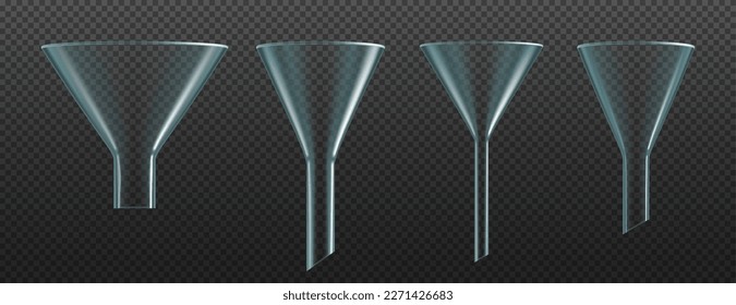 Isolated glass funnels set. Chemistry laboratory equipment and glassware, medicine, biology and scientific research realistic vector instruments. Glass funnels for liquid filtration, water distilling