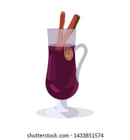 Isolated glass with mulled wine on white background. Holiday composition with decorations. Flat style illustration. Festive greeting card, banner, poster sketch design. Vector