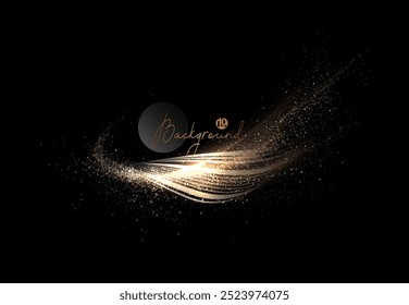 Isolated glittering gold ribbon with flash and small mosaic on black background.