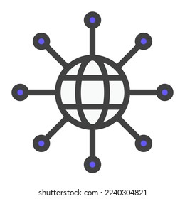 Isolated global network in gray color filled icon on white background. Big data, networking, internet