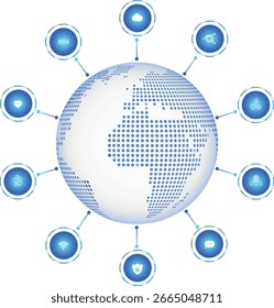 Isolated globe interconnected with glowing networks, circuit board, global technology and icons, global connectivity international communication and the information across the world. Transparent map