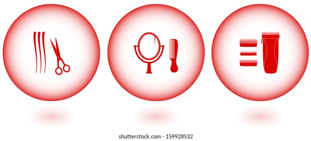 isolated glossy balls with barbershop icons. Hair salon signs. 