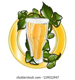 isolated glossy icon glass of beer with hop leaves