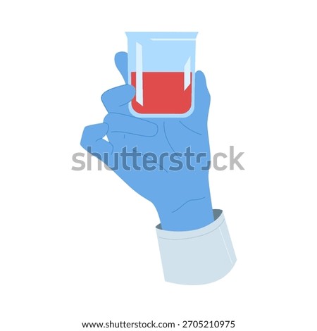 Isolated gloved hand holding a laboratory beaker with blood sample for medical analysis vector illustration