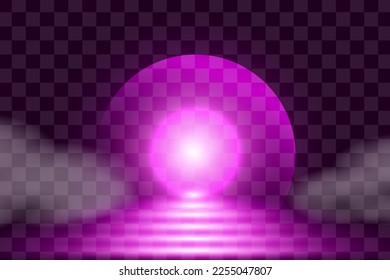 Isolated glow bright sun, purple glowing light burst on a transparent background, violet sun rays, golden light effect, flare of sunshine with rays, vector illustration, eps 10