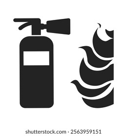 isolated glyph pictogram icon of fire extinguisher, for safety firefight safety hazard sign with  fire, flame symbol