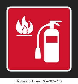 isolated glyph pictogram label of fire extinguisher, for safety firefight safety hazard sign with  fire, flame symbol