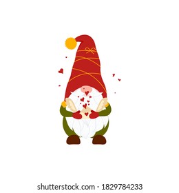 Isolated gnome holding an envelope with hearts. Valentine Day. Christmas and Happy New Year. Vector illustration 