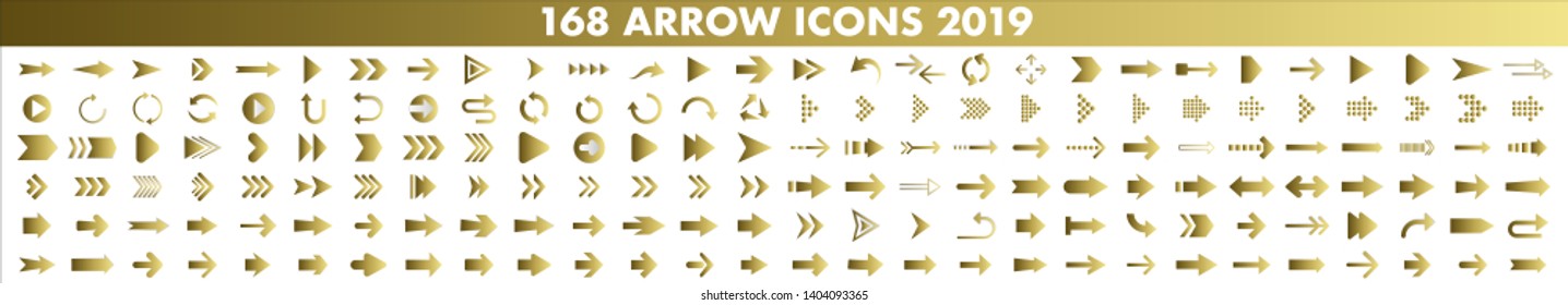 Isolated gold arrow vector icons set. Arrows icon collection for web, mobile app. Arrow vector download icon set. Arrows vector curve flat collection. Application digital button illustration 