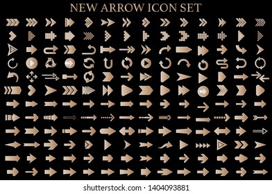 Isolated gold arrow vector icons set. Arrows icon collection for web, mobile app. Arrow vector download icon set. Arrows vector curve flat collection. Application digital button illustration 