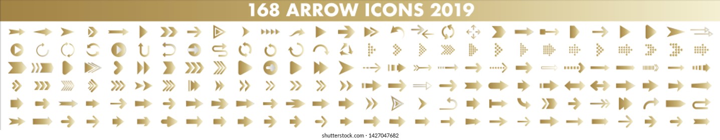 Isolated gold arrow vector icons set. Arrows icon collection for web, mobile app. Arrow vector download icon set. Arrows vector curve flat collection. Application digital button illustration 