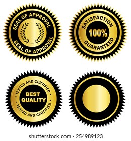 Isolated Gold and black stamp / seal for certificates. including satisfaction 100% guaranteed, Seal of approval, Tested and certified and blank one.