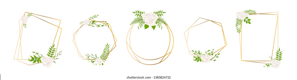 Isolated Gold collection of geometrical polyhedron with leaves and rose, art deco style for wedding invitation, luxury templates. Wedding ornament concept. Vector decorative card.