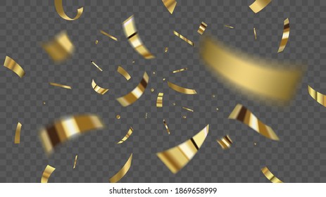 Isolated gold confetti texture. Celebration background with falling golden confetti elements for design, advertising banner etc.