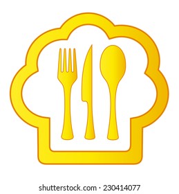 isolated gold cook hat icon with kitchen utensil