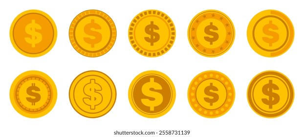 Isolated Gold dollar coin illustration design, Currency and Finance symbol in Flat design, Business, Invectment pictogram, Economy clip art, Money sign for Banner and Decoration elements, stock