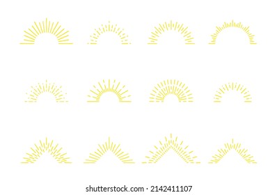 rayos solares de doodle de oro aislados, un conjunto de elementos de diseño hechos a mano vintage, mitades del sol naciente, explosión, fuegos artificiales, ilustración vectorial para el logotipo, emblema, etiqueta, sello, pancarta