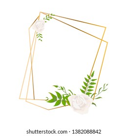 Isolated Gold geometric frame or polyhedron with leaves and rose, art deco style for wedding invitation, luxury templates. Wedding ornament concept.