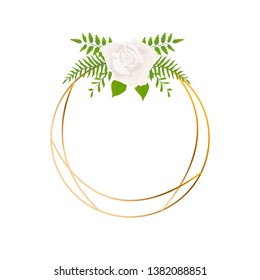 Isolated Gold geometric frame or polyhedron with leaves and rose, art deco style for wedding invitation, luxury templates. Wedding ornament concept.