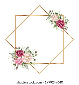 Isolated Gold geometric frame or polyhedron with leaves and rose. You can put leaf or flower on top or bottom for make elements in romantic theme