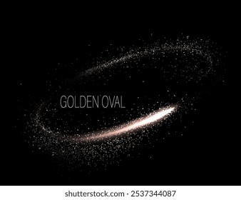 Isolated gold oval frame with shiny tinsel on black background.