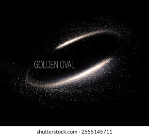 Isolated gold oval frame with sparkling tinsel on black background.