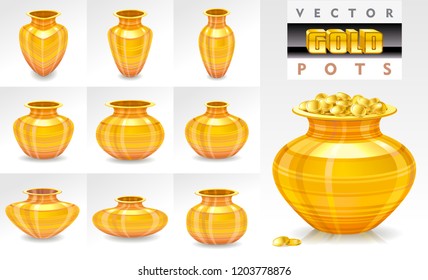 Isolated gold pots and a collection of gold coins