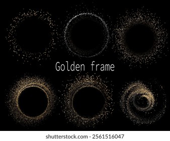 Isolated gold round frames with shiny small tinsel on black background.