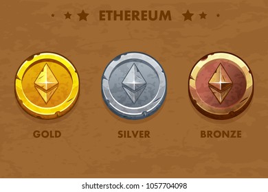Isolated Gold, silver and bronze ethereum old coins. Digital or Virtual cryptocurrency. coin and electronic cash