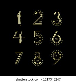 Isolated golden anniversary date logotypes on black background