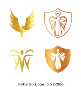 Conjunto de logotipo de silueta de ángel de color dorado aislado, escudo con colección de logotipos de elementos religiosos, escudo de brazo con ilustraciones vectoriales de arcángel sobre blanco