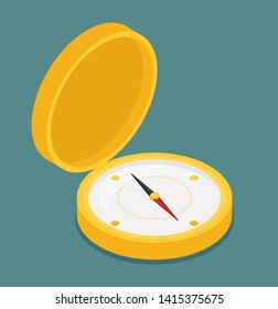Isolated golden color metallic compass icon on a white background. Isometric view. Vector art illustration.