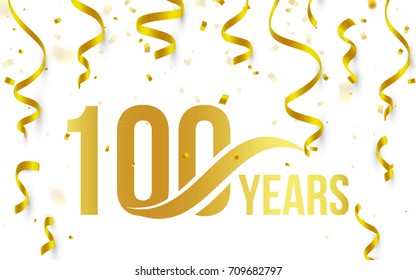 Isolated golden color number 100 with word years icon on white background with falling gold confetti and ribbons, 100th birthday anniversary greeting logo, card element, vector illustration