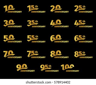 Isolated golden color numbers icons collection on black background, birthday anniversary greeting card elements set vector illustration