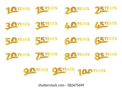 Isolated golden color numbers with word years icons collection on white background, birthday anniversary greeting card elements set vector illustration svg